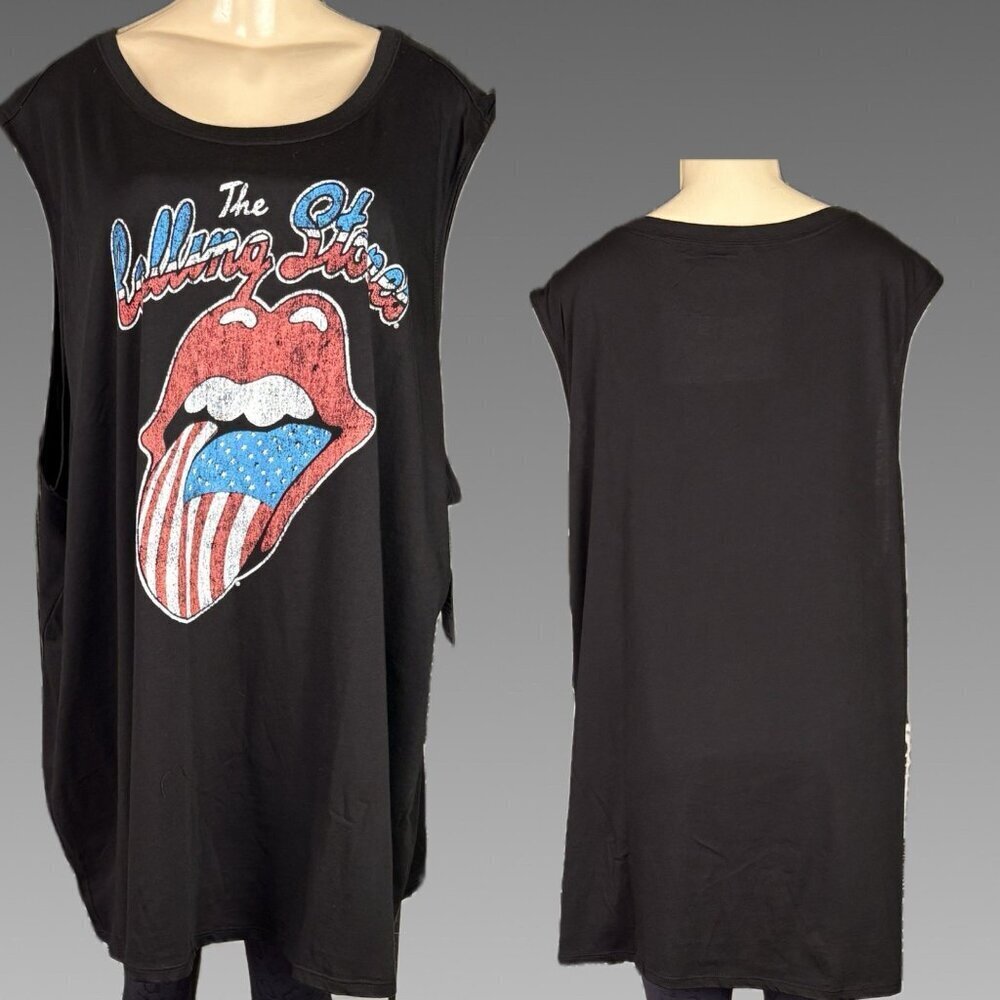 The Rolling Stones +5 Black Crew Neck Logo U.S.A Colors Tongue Graphic Tank Top
